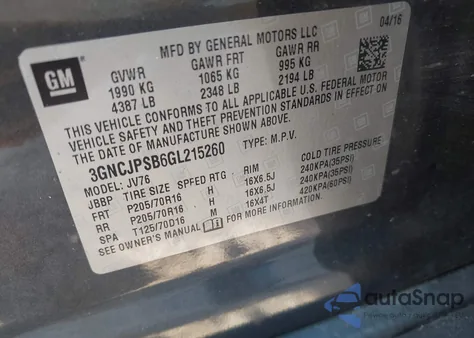 2016 Chevrolet Trax 1Lt z USA, uszkodzony, nr VIN 3GNCJPSB6GL215260